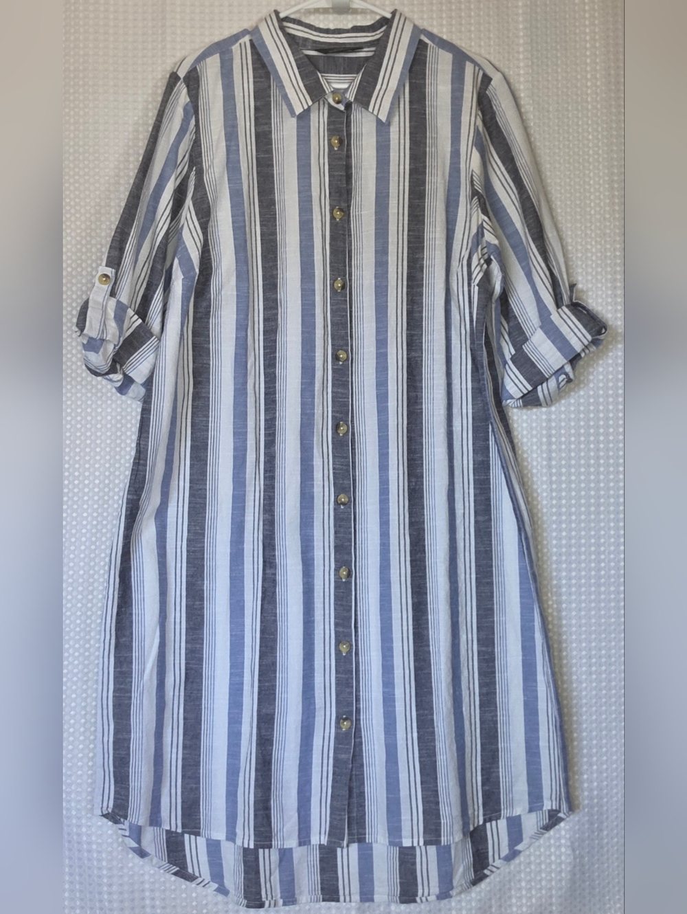 Coastal Striped Shirt Dress 1X Blue White Beachy Button Down Breezy Casual Chic - Picture 2 of 8